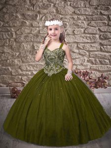 Affordable Olive Green Child Pageant Dress Tulle Sweep Train Sleeveless Beading