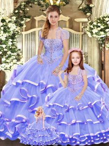 Low Price Lavender Strapless Lace Up Beading and Ruffled Layers Quince Ball Gowns Sleeveless