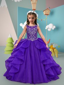 Purple Sleeveless Beading and Ruffles Lace Up Little Girl Pageant Gowns