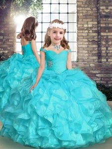 Aqua Blue Sleeveless Organza Lace Up Girls Pageant Dresses for Party and Sweet 16 and Wedding Party