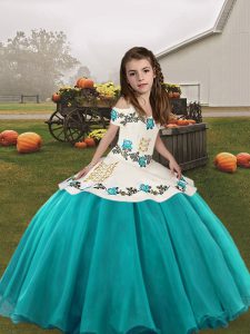 Sleeveless Organza Floor Length Lace Up Kids Formal Wear in Aqua Blue with Embroidery