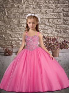 Trendy Rose Pink Tulle Lace Up Little Girls Pageant Dress Wholesale Sleeveless Sweep Train Beading