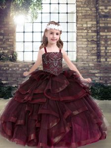 Elegant Floor Length Ball Gowns Sleeveless Burgundy Pageant Dresses Lace Up