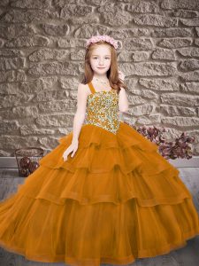 Brown Sleeveless Embroidery and Ruffled Layers Lace Up Little Girls Pageant Dress