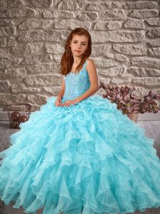 Sleeveless Beading and Ruffles Lace Up Little Girl Pageant Dress with Aqua Blue Sweep Train