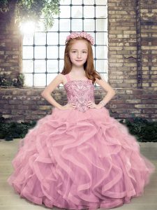 Lilac Lace Up Kids Pageant Dress Beading and Ruffles Sleeveless Floor Length