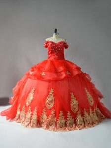 Graceful Red Lace Up Off The Shoulder Appliques and Hand Made Flower Sweet 16 Quinceanera Dress Organza Sleeveless Court