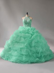 Lovely Apple Green Vestidos de Quinceanera Sweet 16 and Quinceanera with Beading and Pick Ups Halter Top Sleeveless Cour