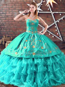 Aqua Blue Sleeveless Embroidery and Ruffled Layers Ball Gown Prom Dress