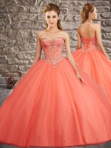 Tulle Sweetheart Sleeveless Brush Train Lace Up Beading Quinceanera Gown in Orange Red
