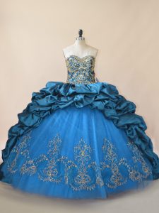 Elegant Blue Taffeta Lace Up Quince Ball Gowns Sleeveless Brush Train Beading and Pick Ups