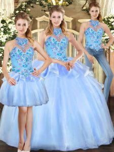 Dramatic Blue Lace Up Quince Ball Gowns Embroidery Sleeveless Floor Length
