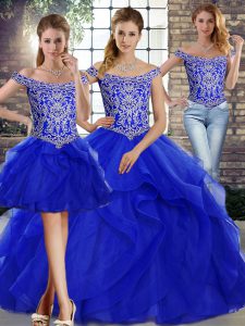 Off The Shoulder Sleeveless Brush Train Lace Up Quinceanera Gowns Royal Blue Tulle