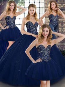Exquisite Navy Blue Sleeveless Beading Floor Length 15th Birthday Dress