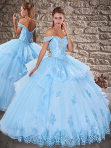 Light Blue Off The Shoulder Lace Up Beading and Lace Sweet 16 Dresses Sleeveless