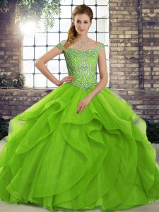 Gorgeous Sleeveless Brush Train Beading and Ruffles Lace Up Vestidos de Quinceanera