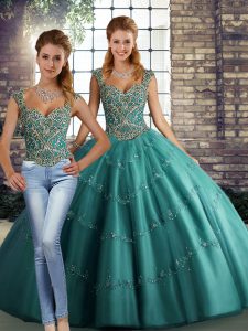 Simple Tulle Sleeveless Floor Length Vestidos de Quinceanera and Beading and Appliques
