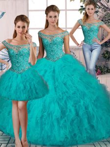 Aqua Blue Sleeveless Beading and Ruffles Lace Up Sweet 16 Dress