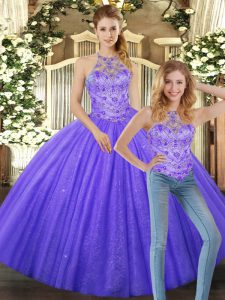 Dramatic Lavender Tulle Lace Up Vestidos de Quinceanera Sleeveless Floor Length Beading