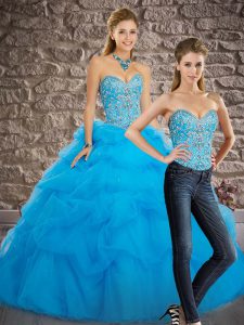 New Arrival Baby Blue Two Pieces Tulle Sweetheart Sleeveless Beading and Pick Ups Lace Up Quinceanera Gowns Brush Train