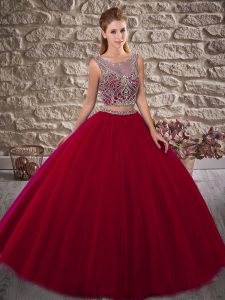 Sweet Wine Red Two Pieces Scoop Sleeveless Tulle Brush Train Lace Up Beading Sweet 16 Quinceanera Dress