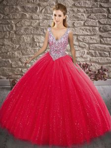 Dazzling Floor Length Ball Gowns Sleeveless Coral Red Sweet 16 Quinceanera Dress Zipper