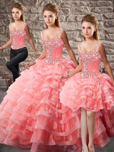 Watermelon Red Ball Gowns Straps Sleeveless Organza Court Train Lace Up Beading and Ruffled Layers Quince Ball Gowns