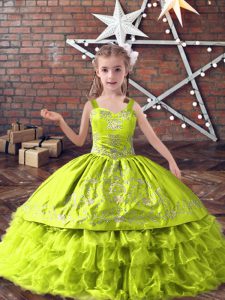 Wonderful Yellow Green Ball Gowns Straps Sleeveless Satin and Organza Floor Length Lace Up Embroidery and Ruffled Layers