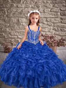 On Sale Royal Blue Organza Lace Up Evening Gowns Sleeveless Brush Train Beading and Ruffles