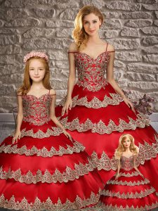 Luxurious Sleeveless Floor Length Appliques and Ruffled Layers Lace Up 15th Birthday Dress with Wine Red