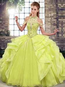 New Arrival Yellow Green Organza Lace Up Sweet 16 Quinceanera Dress Sleeveless Floor Length Beading and Ruffles
