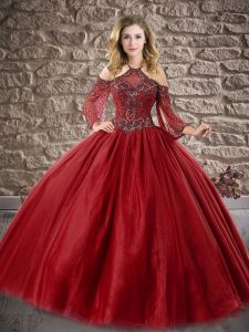 Stunning Wine Red Ball Gowns Halter Top 3 4 Length Sleeve Tulle Floor Length Zipper Beading 15th Birthday Dress