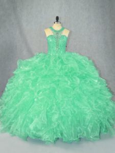 Apple Green Ball Gowns Beading and Ruffles Quinceanera Dress Zipper Organza Sleeveless Floor Length