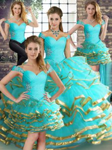 Glamorous Aqua Blue Ball Gowns Off The Shoulder Sleeveless Tulle Floor Length Lace Up Beading and Ruffled Layers Vestido