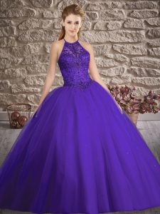 Purple Ball Gowns Halter Top Sleeveless Tulle Brush Train Lace Up Beading Vestidos de Quinceanera