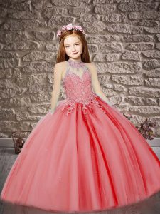 New Arrival Coral Red Lace Up Girls Pageant Dresses Appliques Sleeveless Brush Train