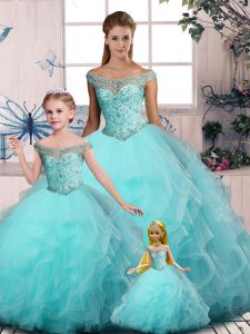 Stunning Off The Shoulder Sleeveless Lace Up 15 Quinceanera Dress Aqua Blue Tulle