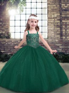 Customized Straps Sleeveless Custom Made Pageant Dress Floor Length Beading Green Tulle