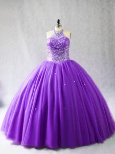 Affordable Sleeveless Tulle Floor Length Lace Up Quinceanera Gown in Purple with Beading