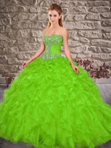 Sweetheart Sleeveless Organza Quince Ball Gowns Beading and Ruffles Brush Train Lace Up