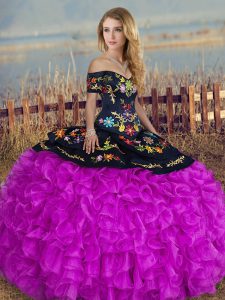 Black And Purple Organza Lace Up Off The Shoulder Short Sleeves Floor Length Quinceanera Gown Embroidery and Ruffles