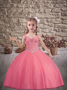 Tulle Straps Sleeveless Brush Train Lace Up Beading Pageant Gowns For Girls in Watermelon Red