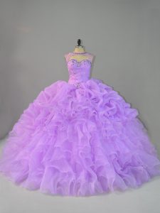 Amazing Lavender Ball Gowns Scoop Sleeveless Organza Lace Up Beading and Ruffles Quinceanera Gowns