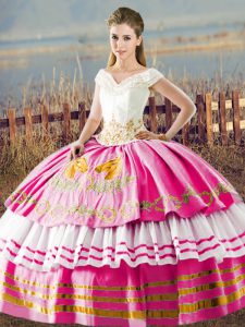 Hot Pink Sleeveless Floor Length Embroidery and Ruffled Layers Lace Up Quinceanera Gowns