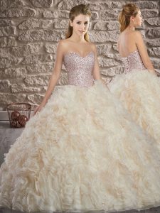 Sweetheart Sleeveless 15 Quinceanera Dress Brush Train Beading Champagne Fabric With Rolling Flowers