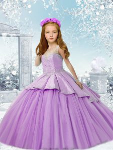 Lace Up Kids Formal Wear Lavender for Wedding Party with Beading Brush Train