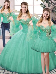 Traditional Sleeveless Floor Length Beading Lace Up Sweet 16 Dress with Turquoise