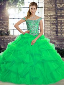 New Arrival Green Ball Gowns Tulle Off The Shoulder Sleeveless Beading and Pick Ups Lace Up Sweet 16 Dresses Brush Train