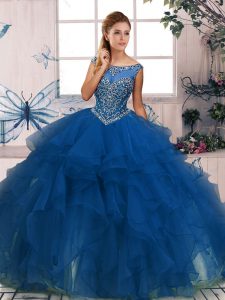 Smart Beading and Ruffles Ball Gown Prom Dress Blue Zipper Sleeveless Floor Length