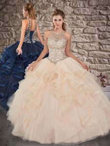 Great Lace Up Ball Gown Prom Dress Champagne for Military Ball and Sweet 16 with Beading and Ruffles Brush Train